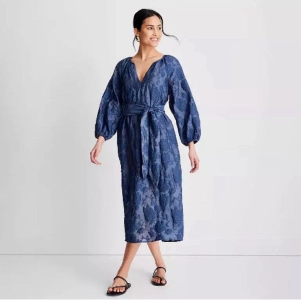 NWT Blue Boho Puff Sleeve Dress with Sash XS - Picture 2 of 11